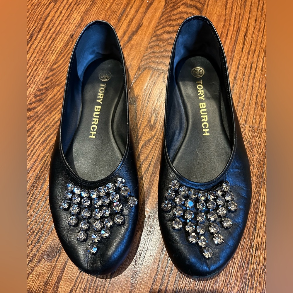Tory Burch Crystal Waterfall Leather Ballet Flats sz 8.5
